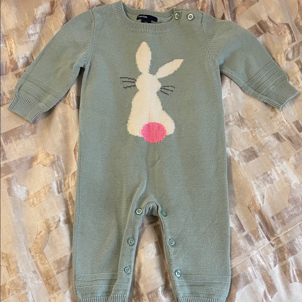 GAP Sage Green Knit One-Piece with Bunny and Pink Tail 6-12 months buttons